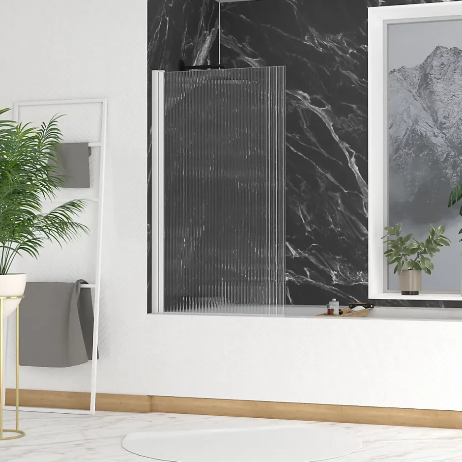 Galedo Pare-baignoire rabattable 140 x 80 cm, profilés alu blanc, verre ondulé, Wave