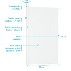 Galedo Pare-baignoire rabattable 140 x 80 cm, profilés alu blanc, verre ondulé, Wave