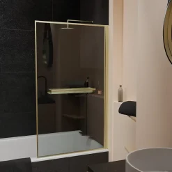 Galedo Pare-baignoire rabattable 130 x 75 cm, profilés alu doré brossé, porte-serviette/étagère, Golden Edge