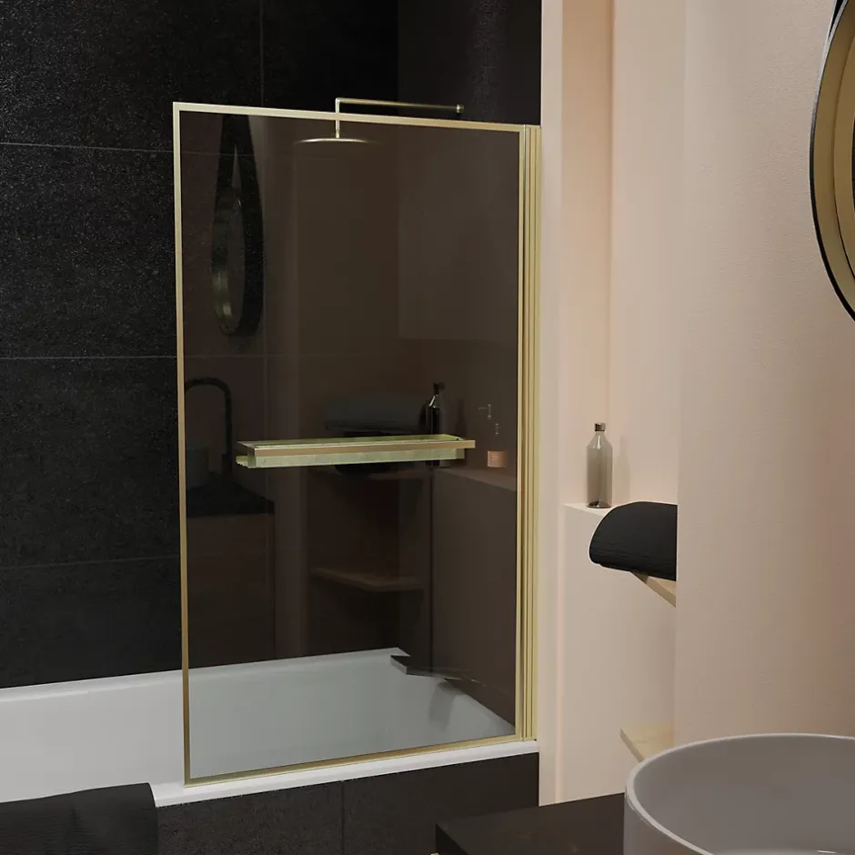 Galedo Pare-baignoire rabattable 130 x 75 cm, profilés alu doré brossé, porte-serviette/étagère, Golden Edge