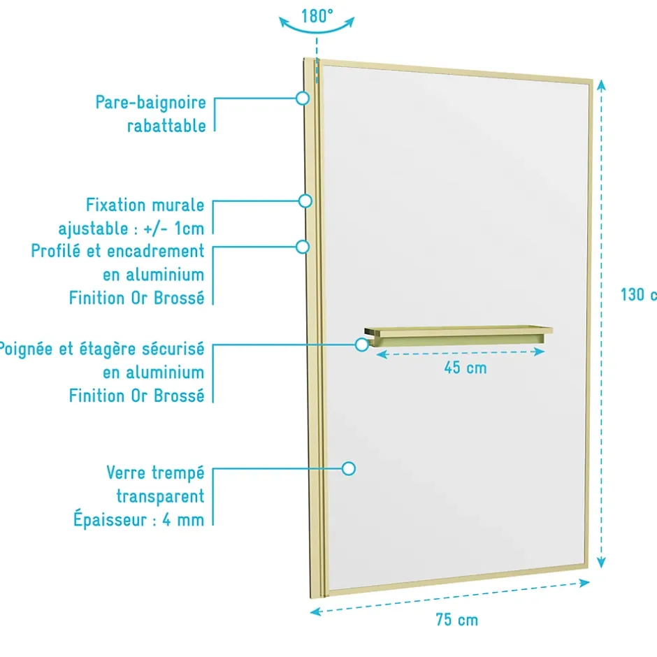 Galedo Pare-baignoire rabattable 130 x 75 cm, profilés alu doré brossé, porte-serviette/étagère, Golden Edge
