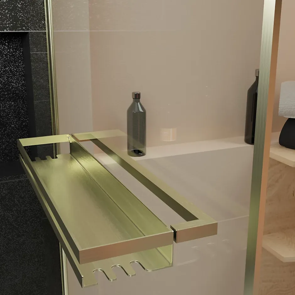Galedo Pare-baignoire rabattable 130 x 75 cm, profilés alu doré brossé, porte-serviette/étagère, Golden Edge