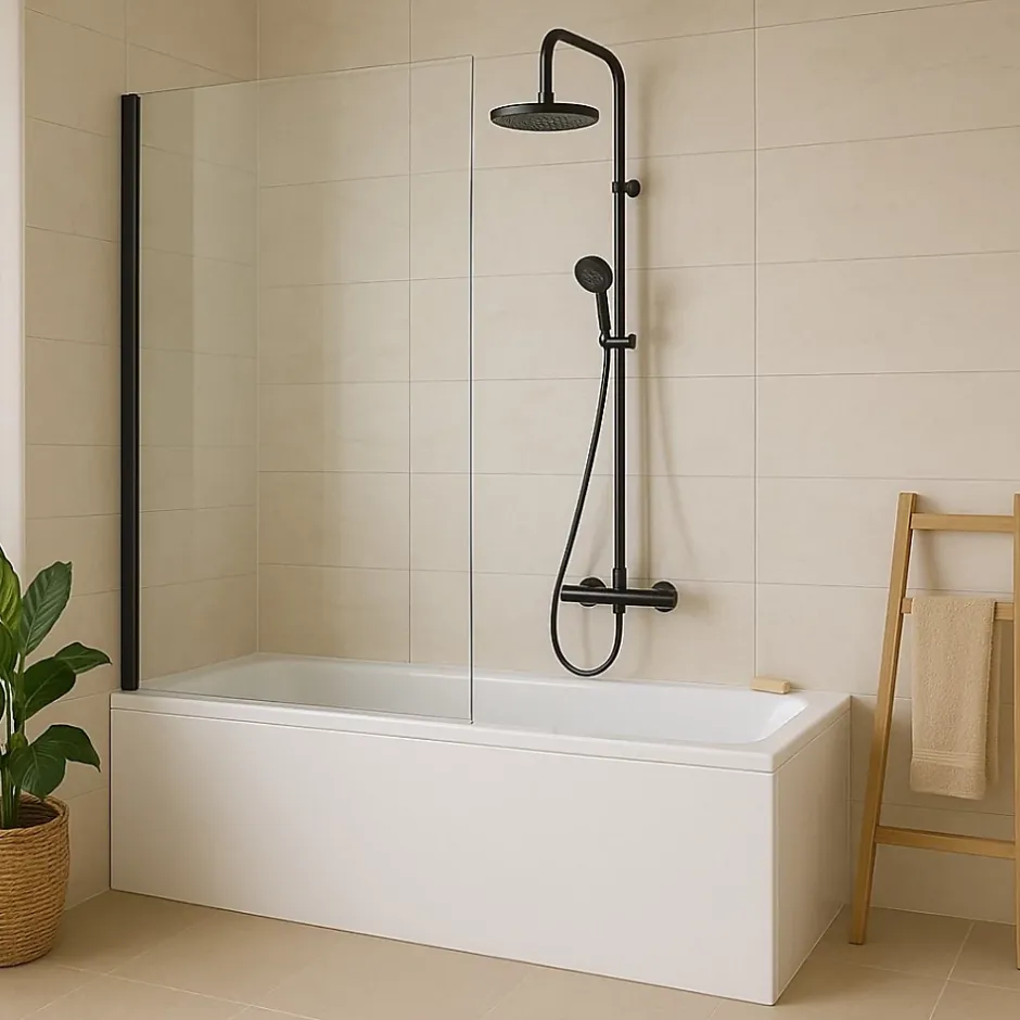Essebagno Pare-baignoire 80x140 cm verre anticalcaire 6mm fixe en aluminium Noir mat