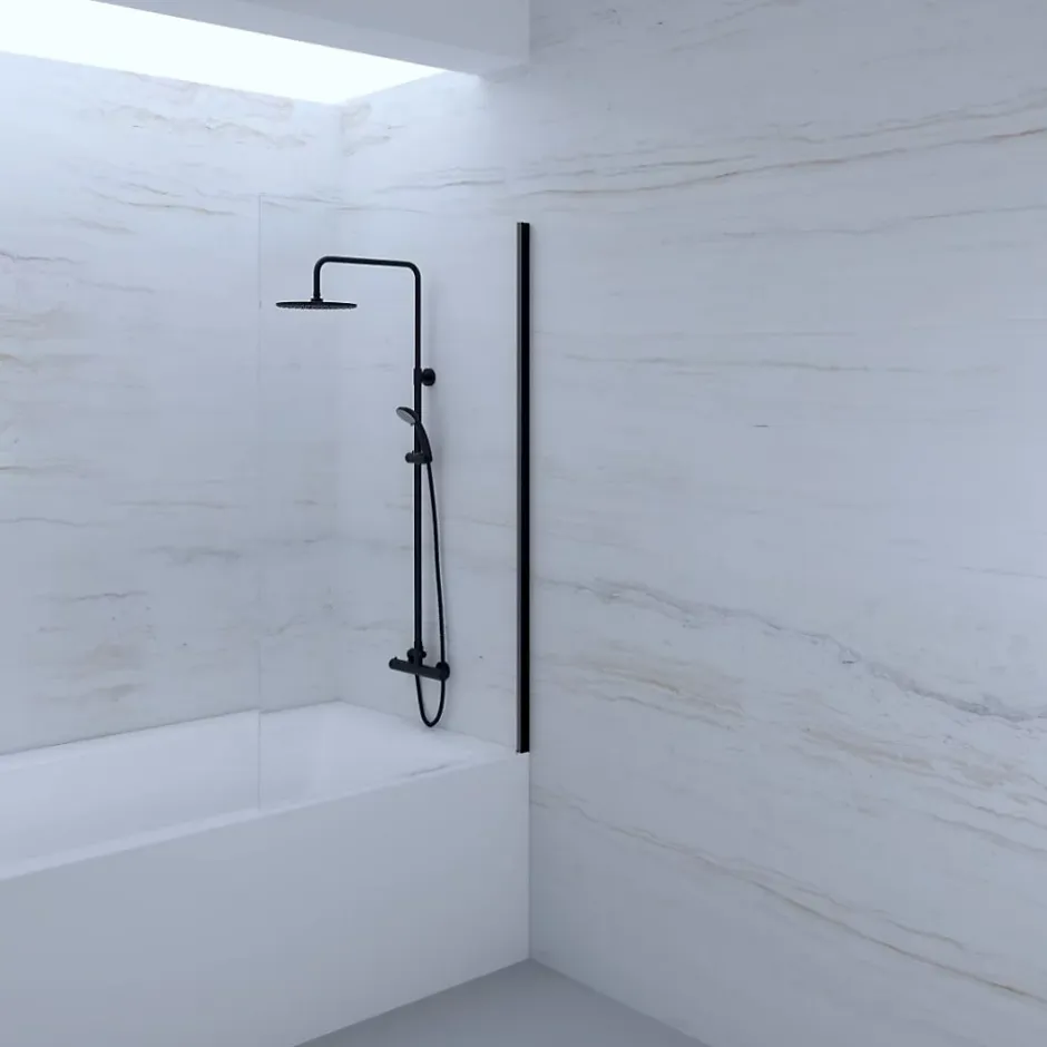 Essebagno Pare-baignoire 80x140 cm verre anticalcaire 6mm fixe en aluminium Noir mat