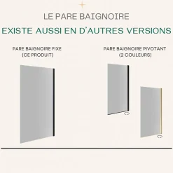 Essebagno Pare-baignoire 80x140 cm verre anticalcaire 6mm fixe en aluminium Noir mat