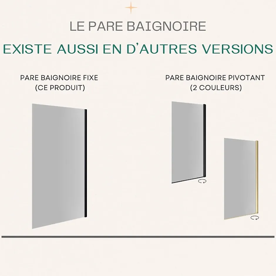 Essebagno Pare-baignoire 80x140 cm verre anticalcaire 6mm fixe en aluminium Noir mat