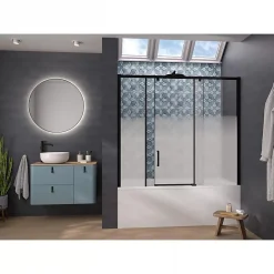 Kinedo Pare-bain Smart Design Pegasus coulissant pose entre 2 murs 170x148 gris noir grainé verre sérigraphié partie fixe à droite