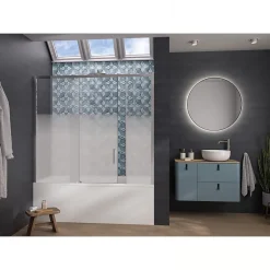 Kinedo Pare-bain Smart Design Pegasus coulissant pose entre 2 murs 170x148 chromé verre sérigraphié cosmos partie fixe à gauche
