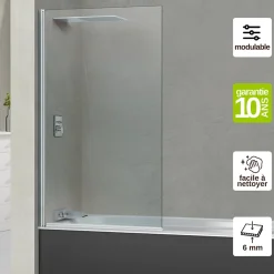 Superban Paroi de baignoire fixe + pivotant gauche en verre sécurité ép 6mm anti calcaire, L85 x H147 cm, chrome, Alsace Sport* Pare-Baignoire