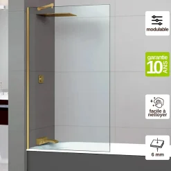 Superban Paroi de baignoire fixe en verre sécurité transparent ép 6mm anti calcaire, L100 x H147 cm, or brossé, Mont Blanc CC* Pare-Baignoire