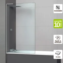 Superban Paroi de baignoire fixe en verre sécurité transparent ép 6mm anti calcaire, L100 x H147 cm, chrome, Mont Blanc E