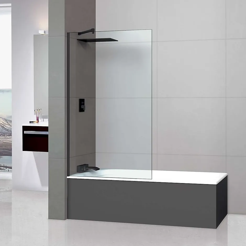 Superban Paroi de baignoire fixe en verre sécurité transparent ép 8mm anti calcaire, L110 x H147 cm, noir mat, Mont Blanc CC* Pare-Baignoire