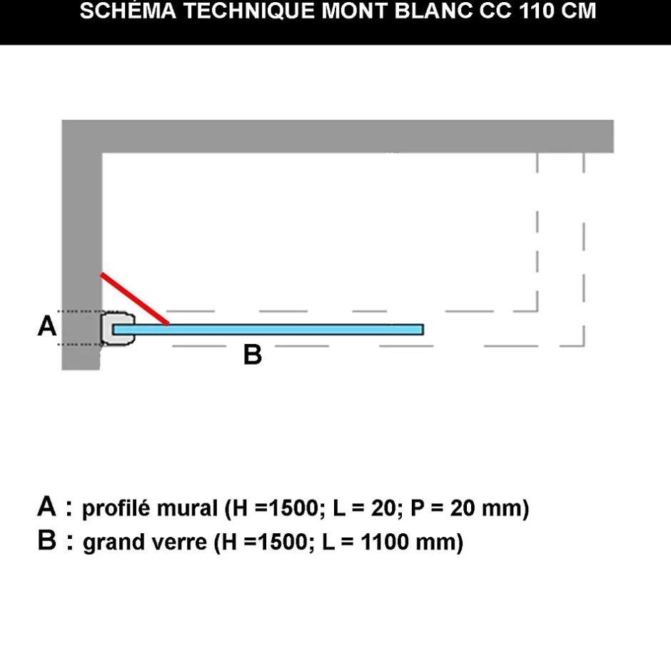 Superban Paroi de baignoire fixe en verre sécurité transparent ép 8mm anti calcaire, L110 x H147 cm, noir mat, Mont Blanc CC* Pare-Baignoire