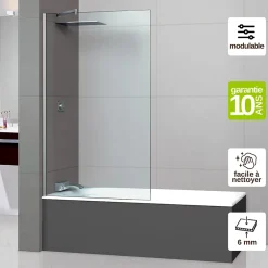 Superban Paroi de baignoire fixe en verre sécurité transparent ép 6mm anti calcaire, L120 x H147 cm, chrome, Mont Blanc CC* Pare-Baignoire