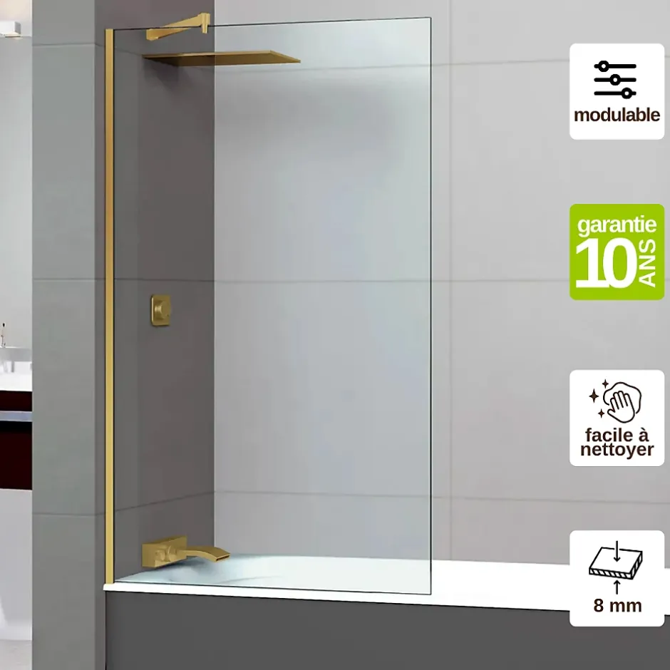 Superban Paroi de baignoire fixe en verre sécurité transparent ép 8mm anti calcaire, L120 x H147 cm, or brossé, Mont Blanc CC