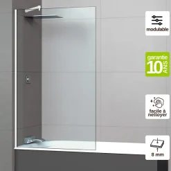 Superban Paroi de baignoire fixe en verre sécurité transparent ép 8mm anti calcaire, L120 x H147 cm, blanc mat, Mont Blanc CC