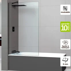 Superban Paroi de baignoire fixe en verre sécurité transparent ép 8mm anti calcaire, L100 x H147 cm, noir mat, Mont Blanc CC