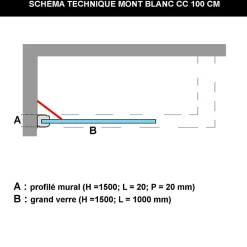 Superban Paroi de baignoire fixe en verre sécurité transparent ép 8mm anti calcaire, L100 x H147 cm, noir mat, Mont Blanc CC