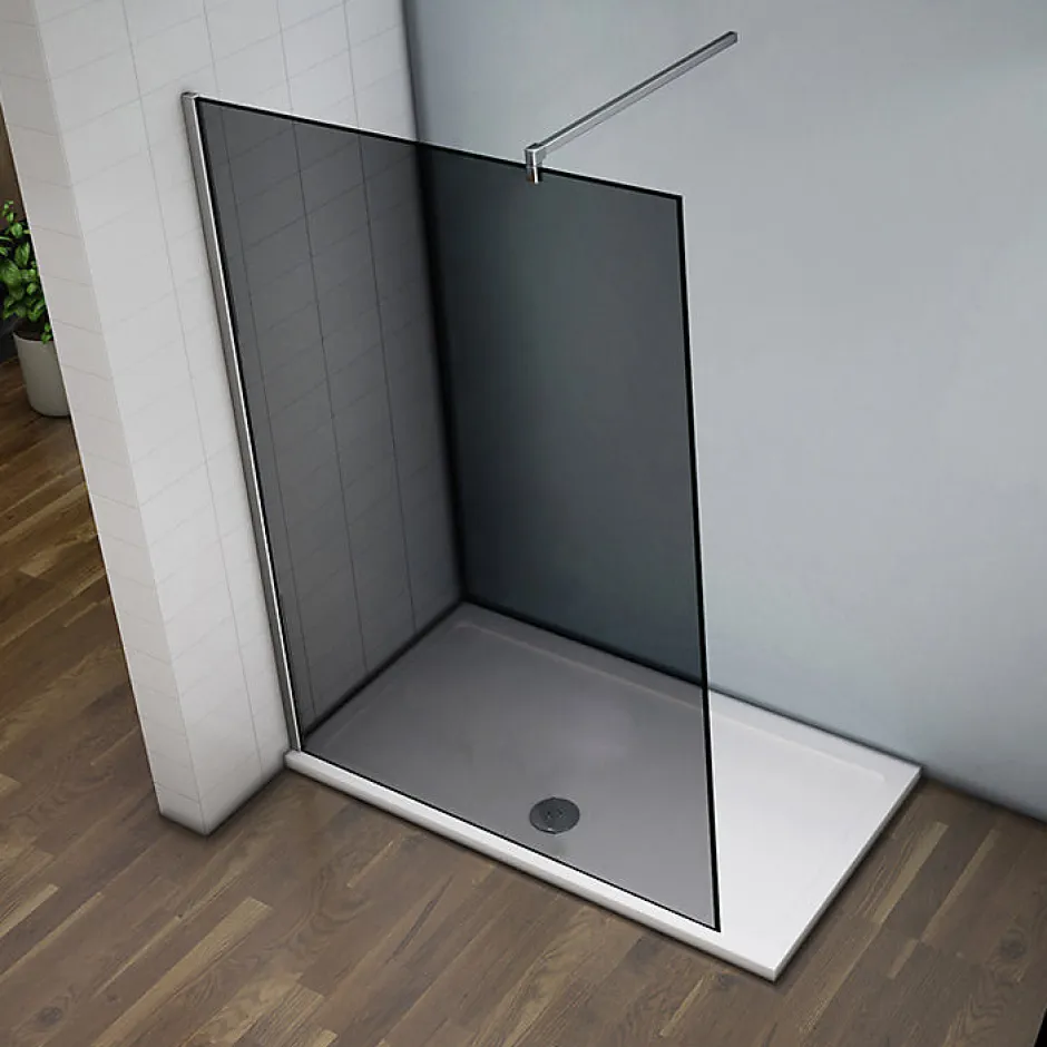 AICA Sanitaire Paroi de douche à l'Italienne 120x200cm -8mm verre trempé foncé alu chromé avec barre de fixation 140cm et pince à 360 degré* Paroi De Douche