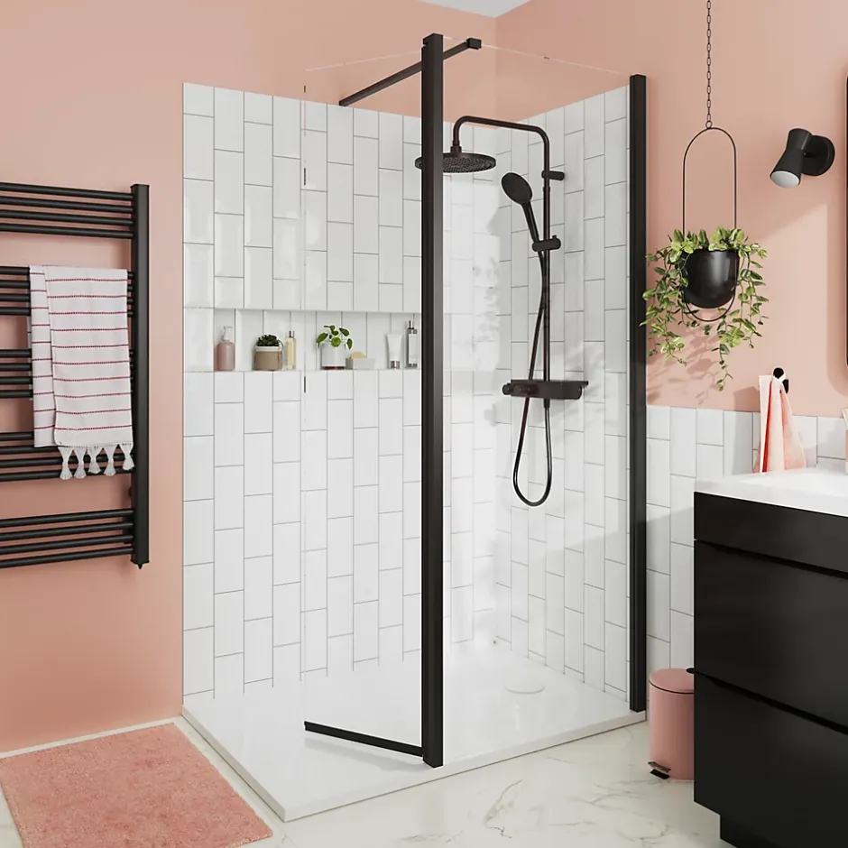 Paroi de douche à l'italienne fixe avec volet l.80+45 x H.195 cm, verre transparent, profilés alu noir, GoodHome Ledava* Paroi De Douche