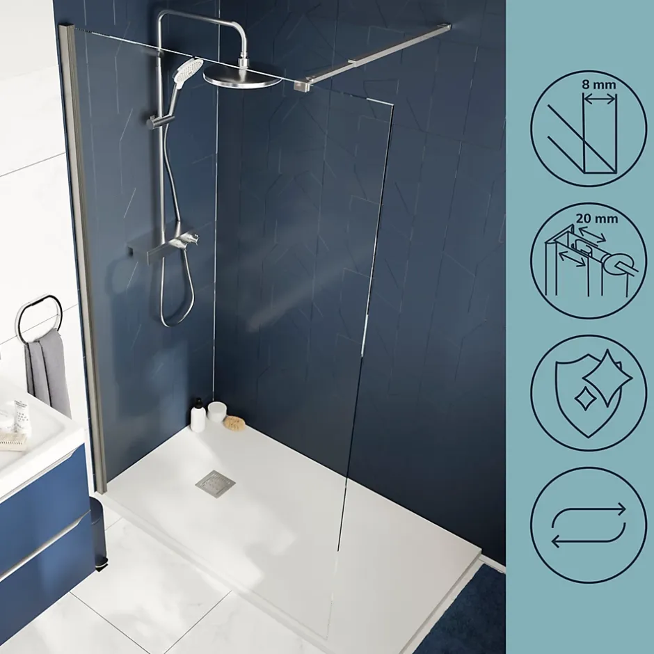 Paroi de douche à l'italienne fixe l.120 x H.195 cm, verre transparent 8mm, profilés alu chrome, GoodHome Ledava* Paroi De Douche