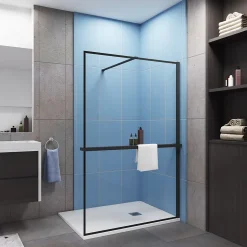 Paroi de douche à l'italienne noir 140x200cm - 8mm verre anticalcaire + Étagère de Douche 140cm + barre de fixation 140cm* Paroi De Douche