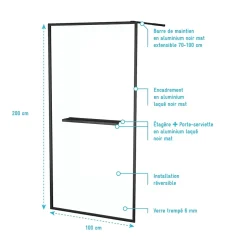 Paroi de douche à l'italienne fixe 100 x 200 cm, noir mat, Galedo Dark Edge Shelf* Paroi De Douche