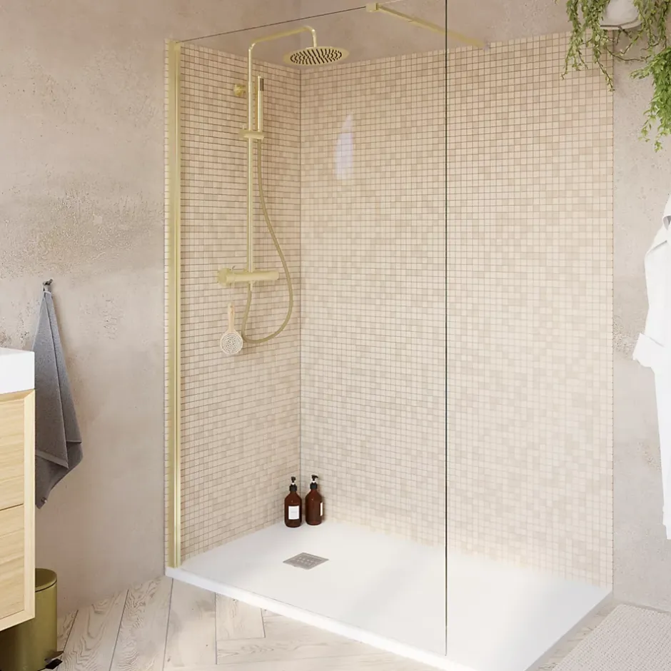 Paroi de douche à l'italienne fixe l.120 x H.195 cm, profilés alu finition doré brossé, GoodHome Ledava* Paroi De Douche
