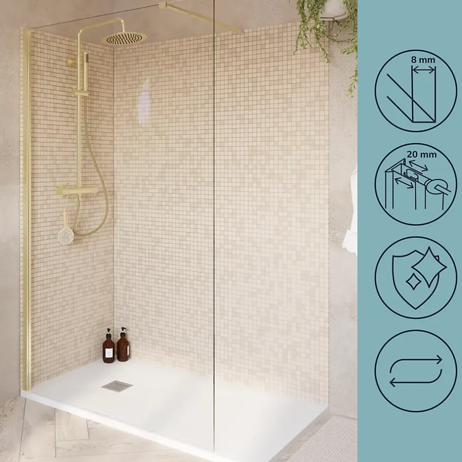 Paroi de douche à l'italienne fixe l.120 x H.195 cm, profilés alu finition doré brossé, GoodHome Ledava* Paroi De Douche