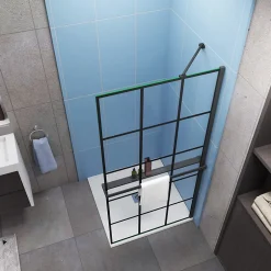 Paroi de douche à l'italienne noir 100x200cm + Étagère de Douche 100cm alu - 8mm Verre sécurité + barre de fixation noir 45cm* Paroi De Douche