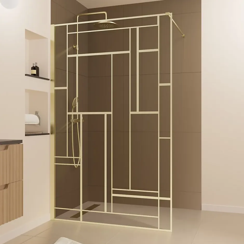 Paroi de douche à l'italienne fixe 120 x 195 cm, motifs géométriques, doré brossé, Galedo Art Deco
