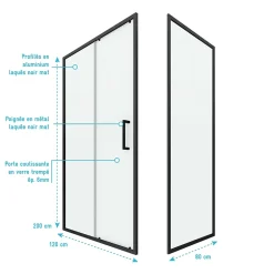 Aurlane Paroi de douche 1 porte coulissante + Retour 120x80x200 cm - Verre 6 mm - Profilé Noir - CRUSH* Paroi De Douche