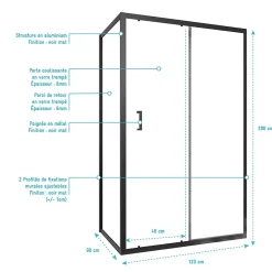 Aurlane Paroi de douche 1 porte coulissante + Retour 120x90x200 cm - Verre 6 mm - Profilé Noir - CRUSH* Paroi De Douche