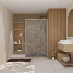 Aurlane Paroi de douche 120 x 200 HINATA style Japandi courbes douces - Cadre effet Bois - Verre 6mm