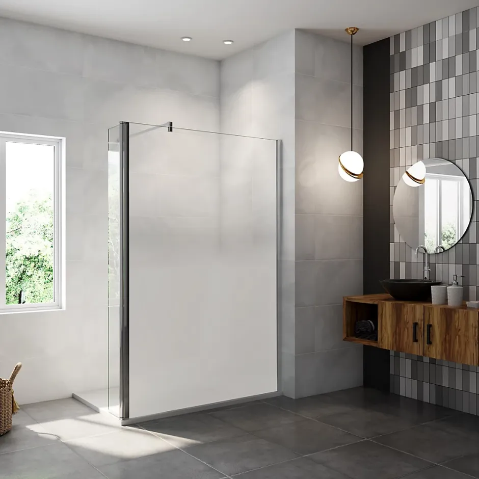 Paroi de douche avec 40 cm retour pivotant - 90 x 200 cm - 8 mm Verre effet Brume, finition chrome avec barre de fixation 140cm
