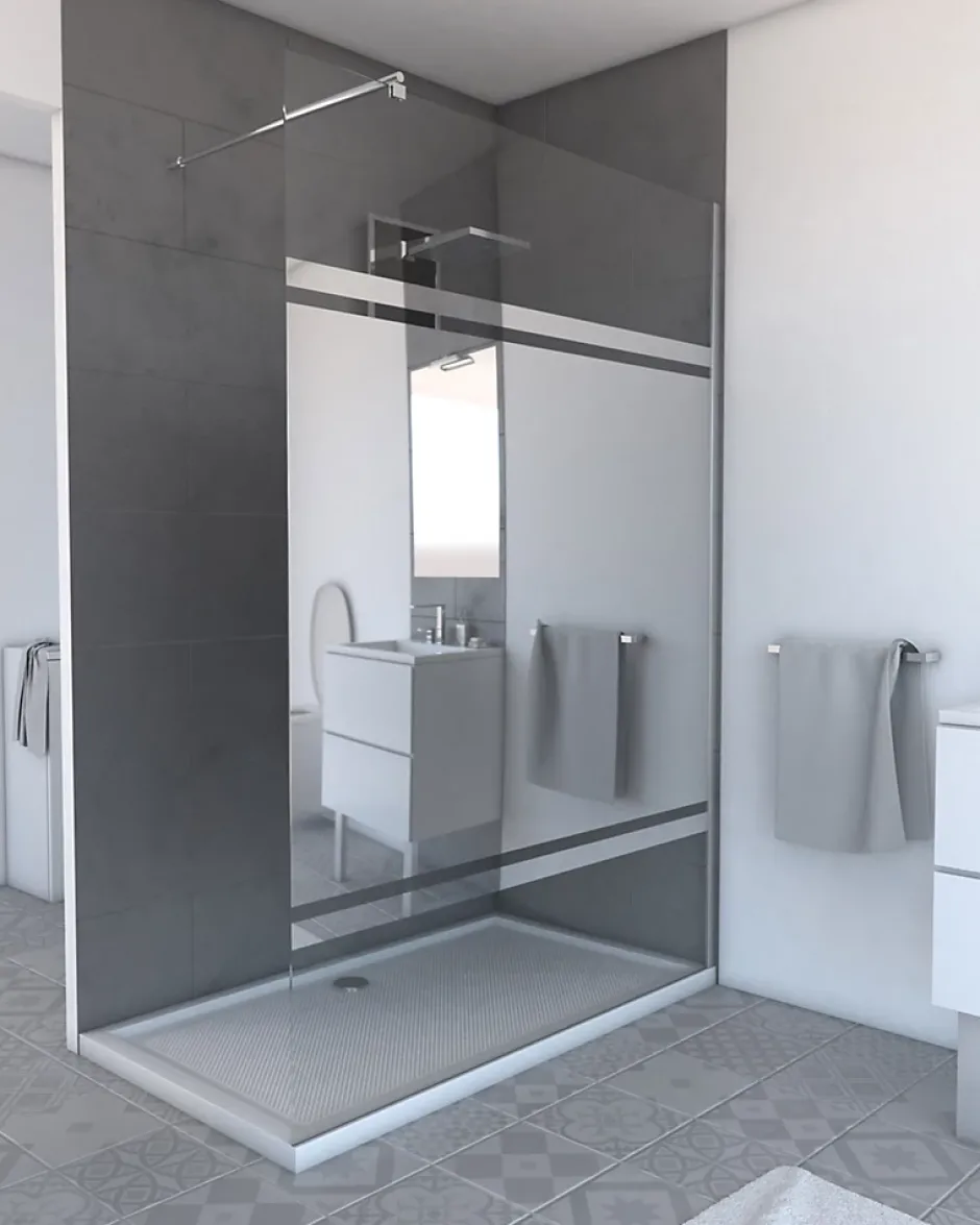 Aurlane Paroi de Douche avec Bande Miroir 140x200cm - Verre 8mm - Profilé Chrome - FREEDOM 2 MIRROR