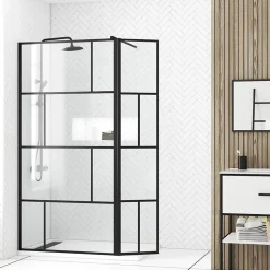 Aurlane Paroi de douche avec pivot 100+40x195cm - Sérigraphie type Briques et Profilés Noir - DARK BLOCKS