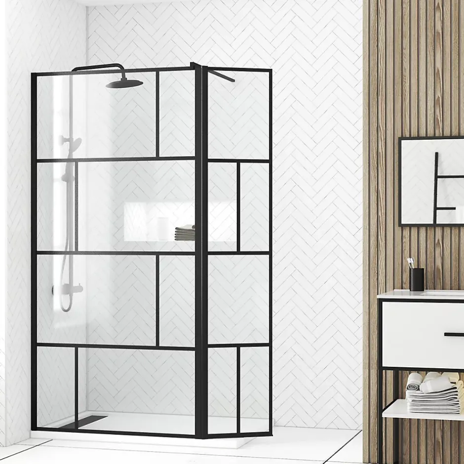 Aurlane Paroi de douche avec pivot 100+40x195cm - Sérigraphie type Briques et Profilés Noir - DARK BLOCKS