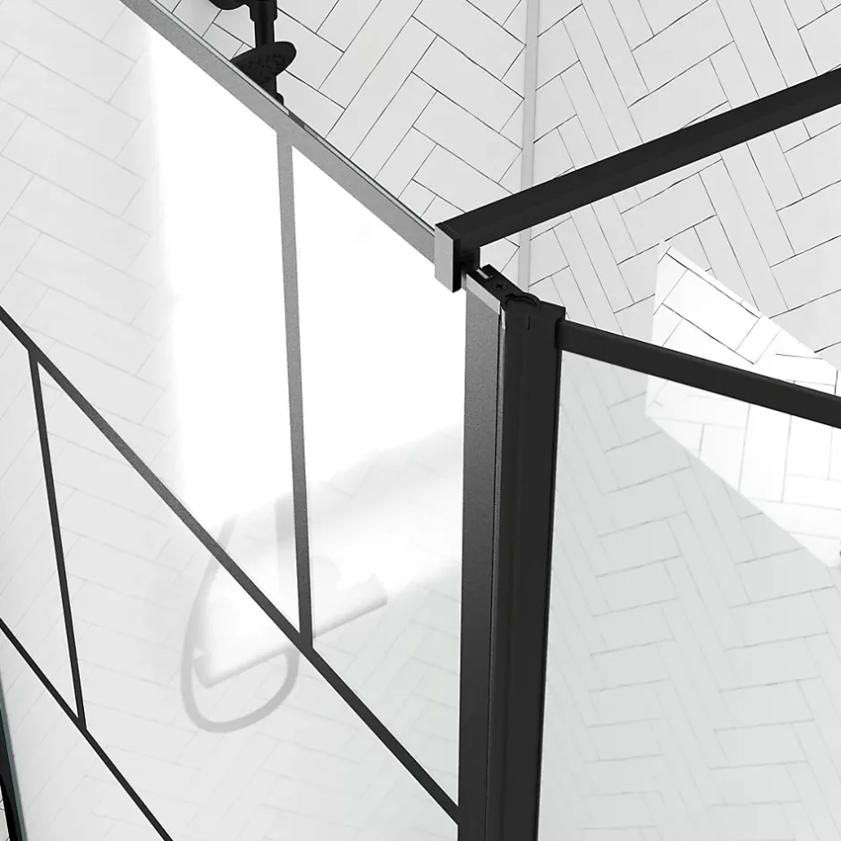 Aurlane Paroi de douche avec pivot 100+40x195cm - Sérigraphie type Briques et Profilés Noir - DARK BLOCKS
