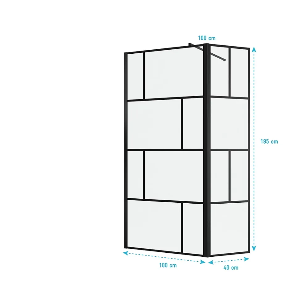 Aurlane Paroi de douche avec pivot 100+40x195cm - Sérigraphie type Briques et Profilés Noir - DARK BLOCKS