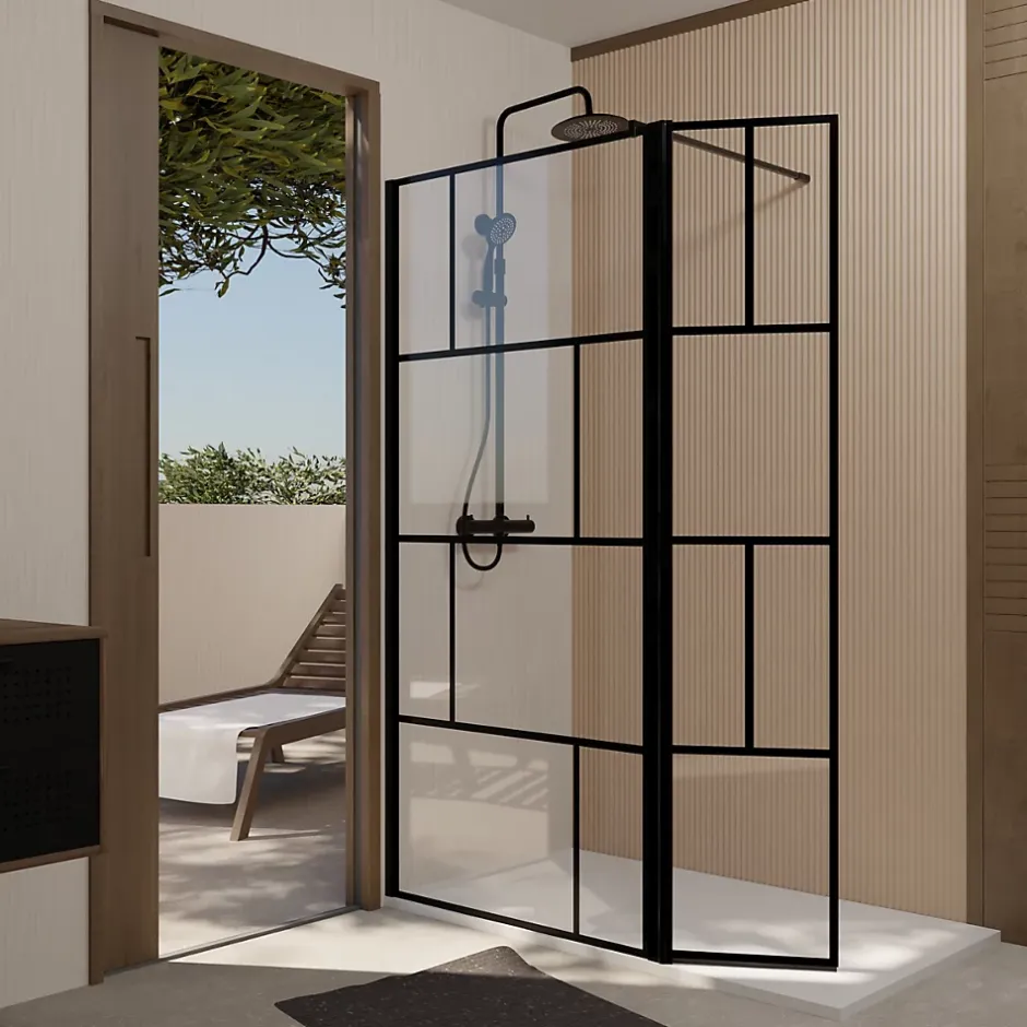 Aurlane Paroi de Douche avec Volet Pivotant 90+40x195cm - Verre 8mm Anticalcaire - Motifs et Profilés Noir