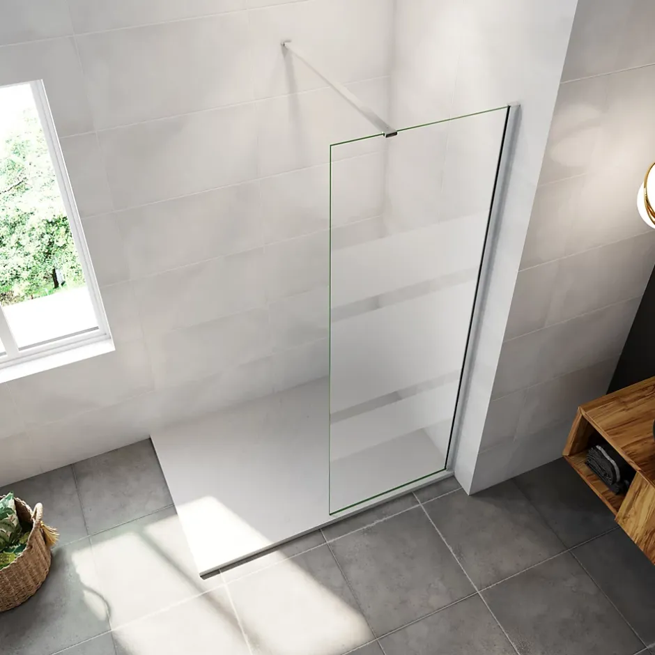 Paroi de douche chrome 80x190cm,6mm verre anticalcaire avec bandes horizontales sérigraphiées,avec barre de fixation 90cm