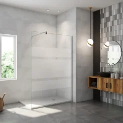 Paroi de douche chrome 140x190cm,6mm verre anticalcaire avec bandes horizontales sérigraphiées,barre de fixation 140cm en carré* Paroi De Douche