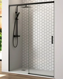 Baño Total Paroi de douche coulissante 1 porte 1 fixe 1 porte 175 cm (Adaptable 169-174cm) Verre 6 mm clair anti-calcaire Perfil Negro* Porte De Douche