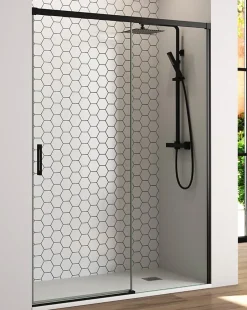 Baño Total Paroi de douche coulissante 1 porte 1 fixe 1 porte 175 cm (Adaptable 169-174cm) Verre 6 mm clair anti-calcaire Perfil Negro* Porte De Douche