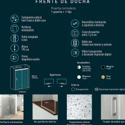 Baño Total Paroi de douche coulissante 1 porte 1 fixe 1 porte 175 cm (Adaptable 169-174cm) Verre 6 mm clair anti-calcaire Perfil Negro* Porte De Douche