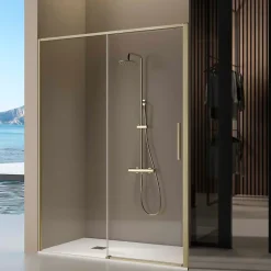 Kassandra Paroi de douche coulissante DELTA - Doré (Or Brossé) - 142-144.6 cm - Fermeture amortie - Réversible - Anticalcaire* Porte De Douche