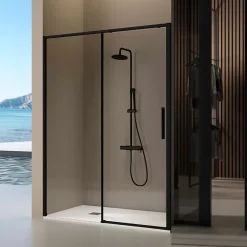 Kassandra Paroi de douche coulissante DELTA - Noir Mat - 143-145.6 cm - Fermeture amortie - Réversible - Anticalcaire