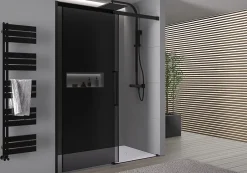 Bernstein Paroi de douche en niche 195x110cm, profil noir mat, Verre gris 8mm, Cabine de douche encastrée porte coulissante - DX906 FLEX