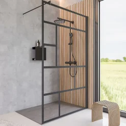Paroi de douche fixe à l'italienne l.140xH.200cm, Walk In verrière atelier, verre transparent anticalcaire 6mm, profilé noir mat, Schulte NewStyle